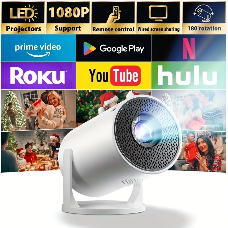 Support 1080P Smart Mini Portable Projector - European Plug, Wired Home Theater Projector, 180° Adjustable Angle, Compatible HDTV, USB, Smartphone, iPad, TV Box, Laptop-High Resolution Video Projector for Movies and Presentations
