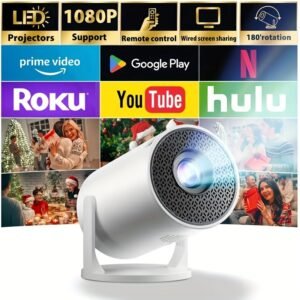 Support 1080P Smart Mini Portable Projector - European Plug, Wired Home Theater Projector, 180° Adjustable Angle, Compatible HDTV, USB, Smartphone, iPad, TV Box, Laptop-High Resolution Video Projector for Movies and Presentations