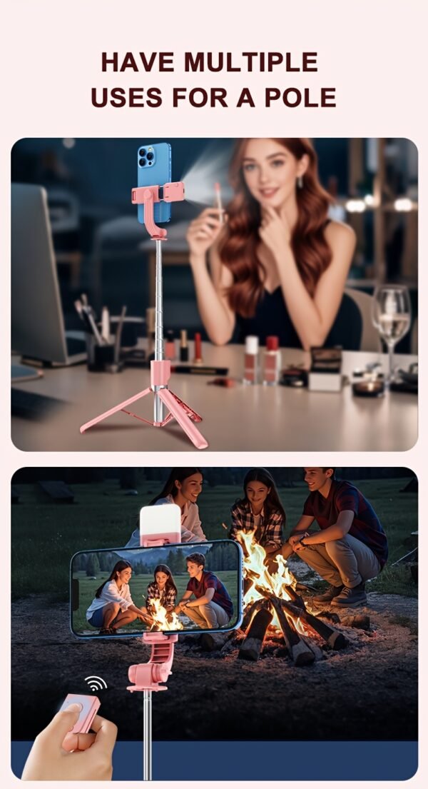 Wireless Selfie Stick Tripod, Pink Multi-Size with Beauty Light, 360° Rotating, Portable Remote Control Handheld Live Streaming Stand, Anti-Shake Gimbal Stabilizer, Battery Powered (Button Battery, ≤36V) - Image 21