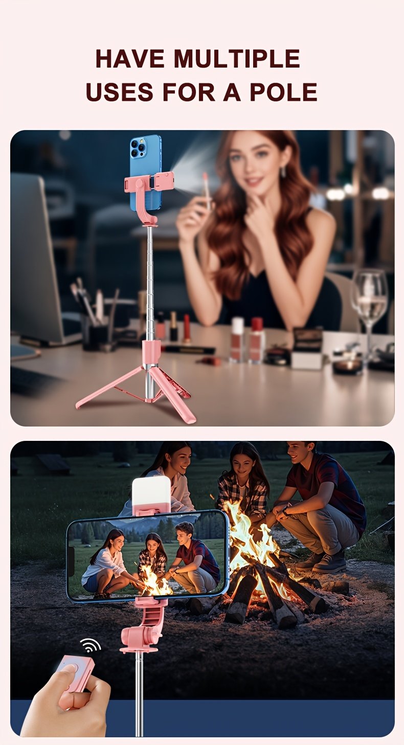 Wireless Selfie Stick Tripod, Pink Multi-Size with Beauty Light, 360° Rotating, Portable Remote Control Handheld Live Streaming Stand, Anti-Shake Gimbal Stabilizer, Battery Powered (Button Battery, ≤36V) - Image 21