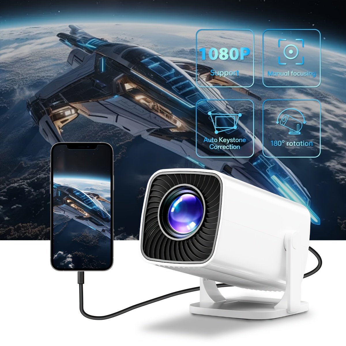 1080p Mini Projector, 180 Degree Rotation, Remote Control, Easy To Carry, Suitable For Indoor And Outdoor Viewing Anytime, Anywhere, With Long Battery Life, Meeting Various Needs, Compatible With TV/Smartphone/Computer, Making It An Ideal Gift For Family - Image 4
