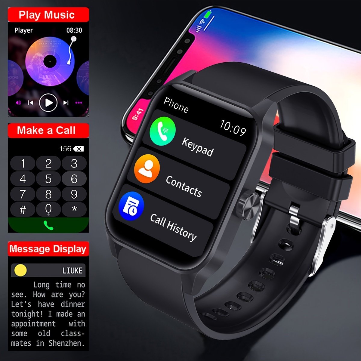 1pc Coiusor Men'S Smart Watch - 4.7cm HD Full Touch Screen, IP68 Waterproof, USB Rechargeable, Silicone Strap, Sports Style, Pedometer, Message Push, Call Function, Compatible with iPhone/Android - Image 3