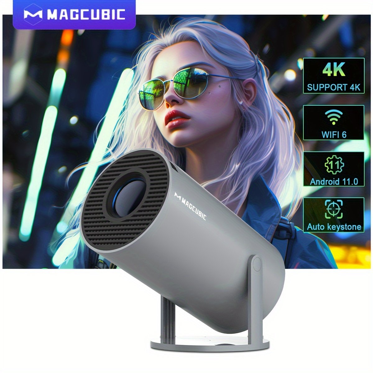 1pc Magcubic HY300 Pro 4K HD 1080P LCD Projector, 3000+ Lumen 3D Ready Table Mount Home Cinema, Wi-Fi 6 Android 11, Wireless 5.0 Dual WIFI, European Standard Plug, 110V/220V Power Supply, Outdoor Portable
