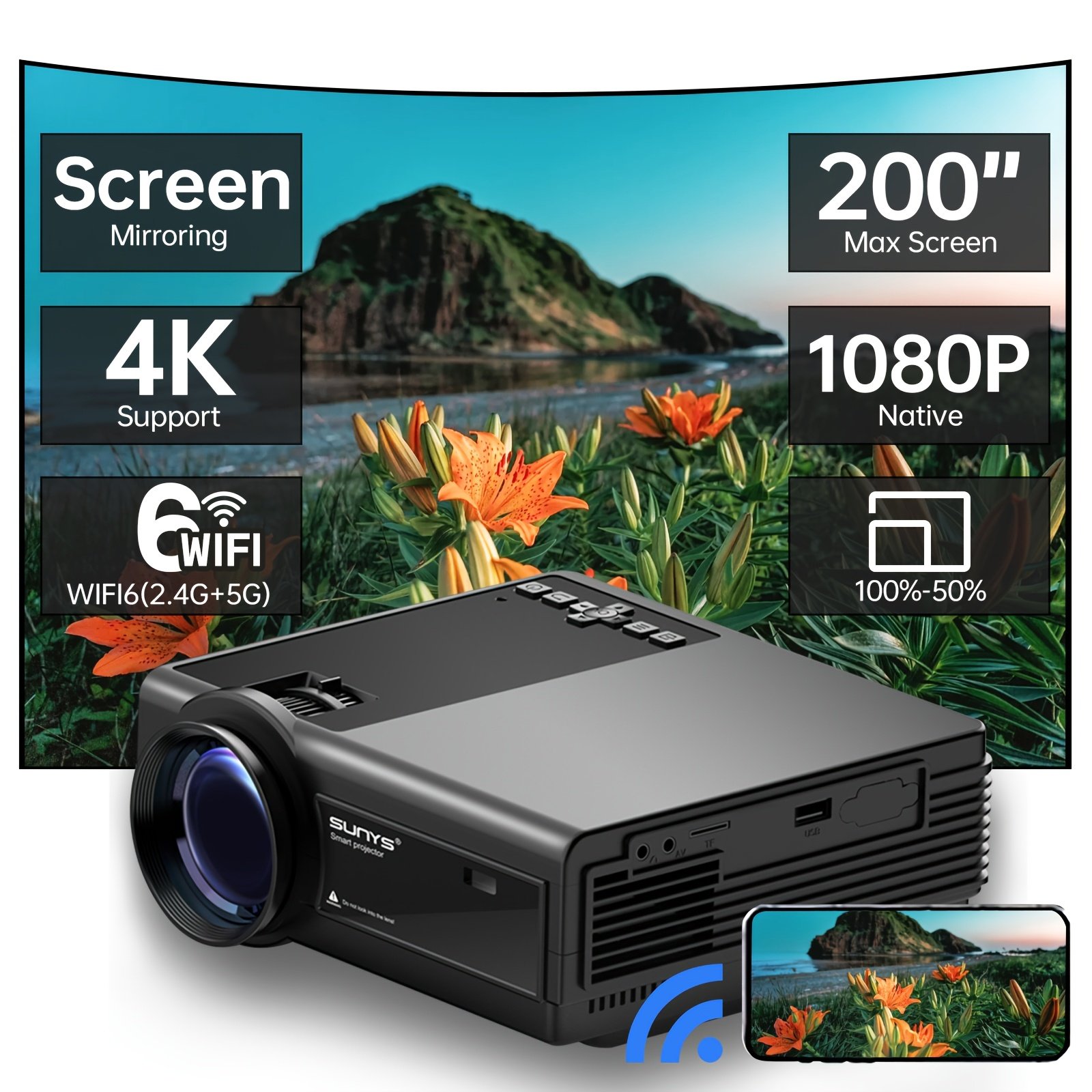 Projector with WiFi 5, Native 1080P Outdoor Movie Projector, Smart Home Projector for Phone/Laptop/TV Stick