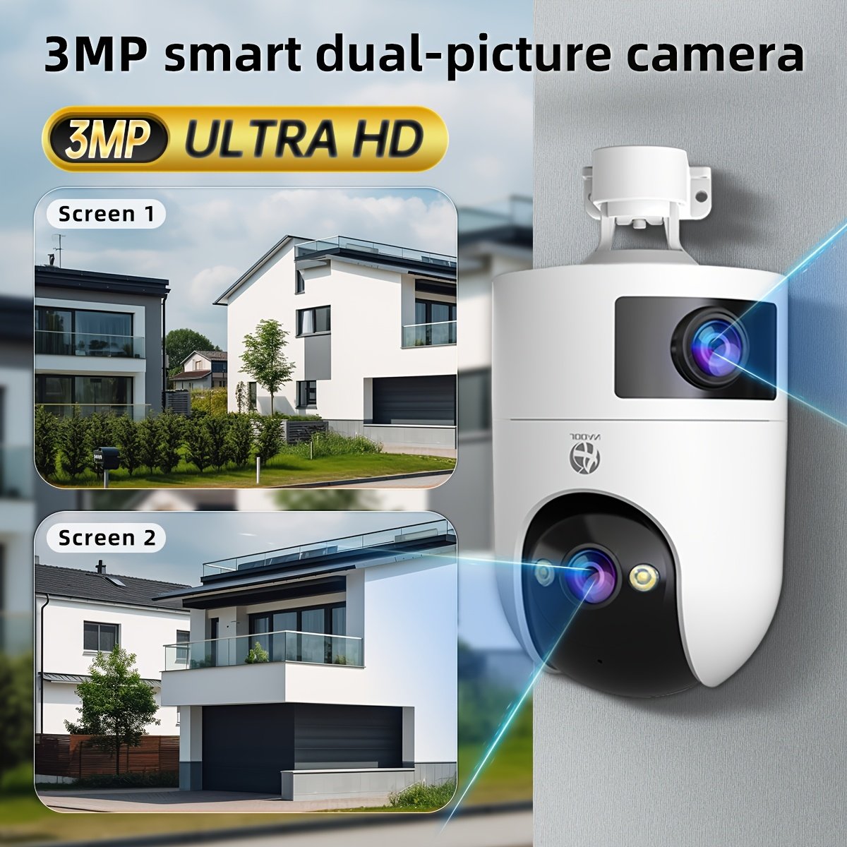 Easy to install ultra HD wireless outdoor surveillance camera, dual lens dual screen, ultra HD color night vision, outdoor waterproof and rain, application control, motion detection, two-way audio, no battery, support 5G network WiFi