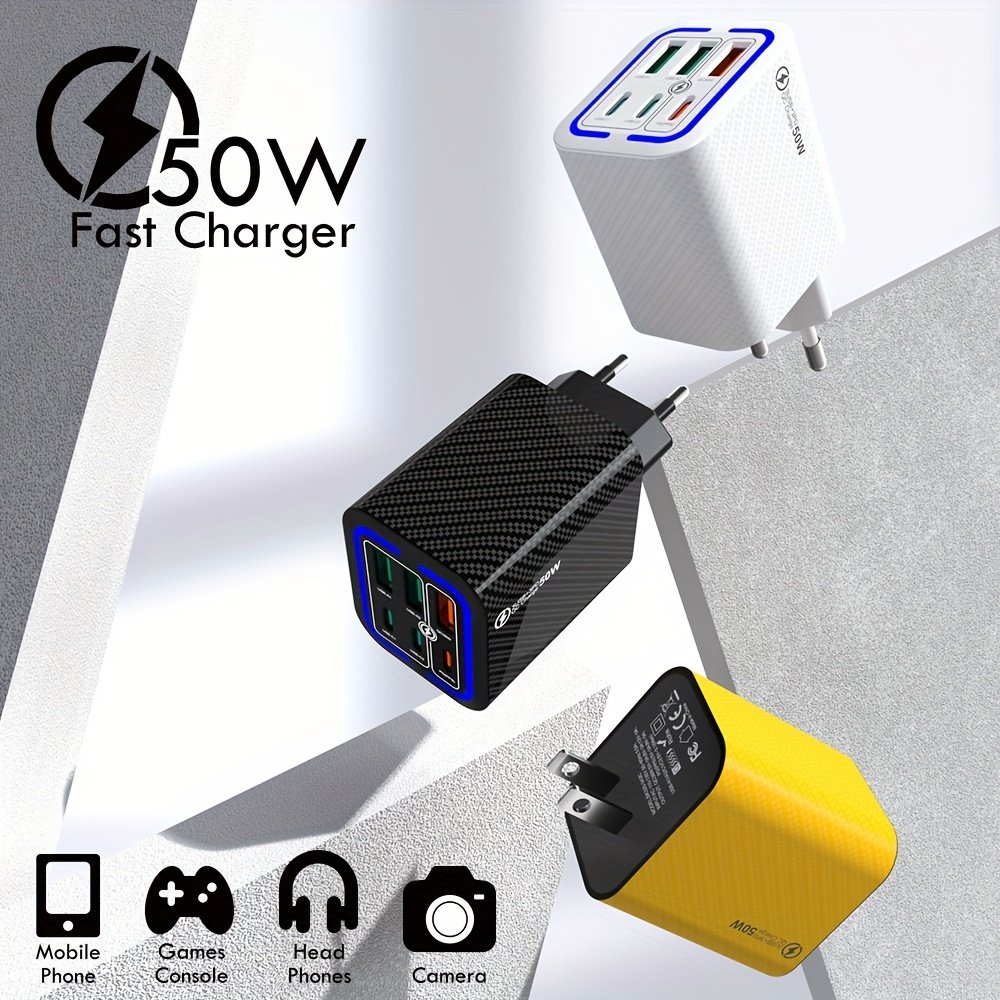 50W 3PD + 3USB 6 ports Mobile Phone Fast Charging Adapter, EU Plug USB Type C QC Qiuck Charge Adapter, Portable Convenient Travel Charger Wall Charger - Image 14
