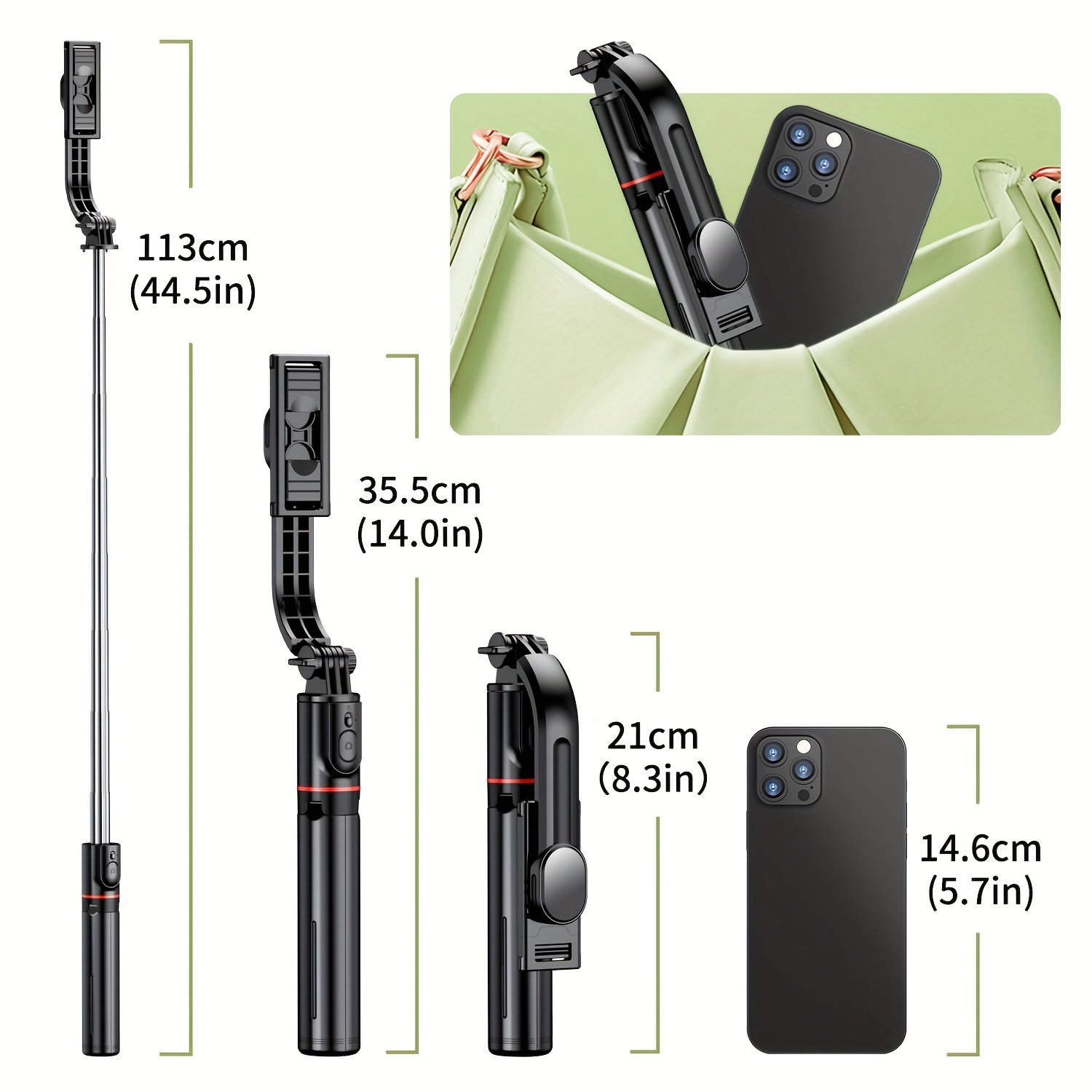Portable 44-inch Selfie Stick Mobile Phone Tripod with Wireless Remote Control Expandable Smartphone Tripod Holder 360 Degree Rotation for iPhone 13 12 11 pro Xs Max Xr X 8 7 6 Plus, for Android for SamSung Smartphones - Image 3