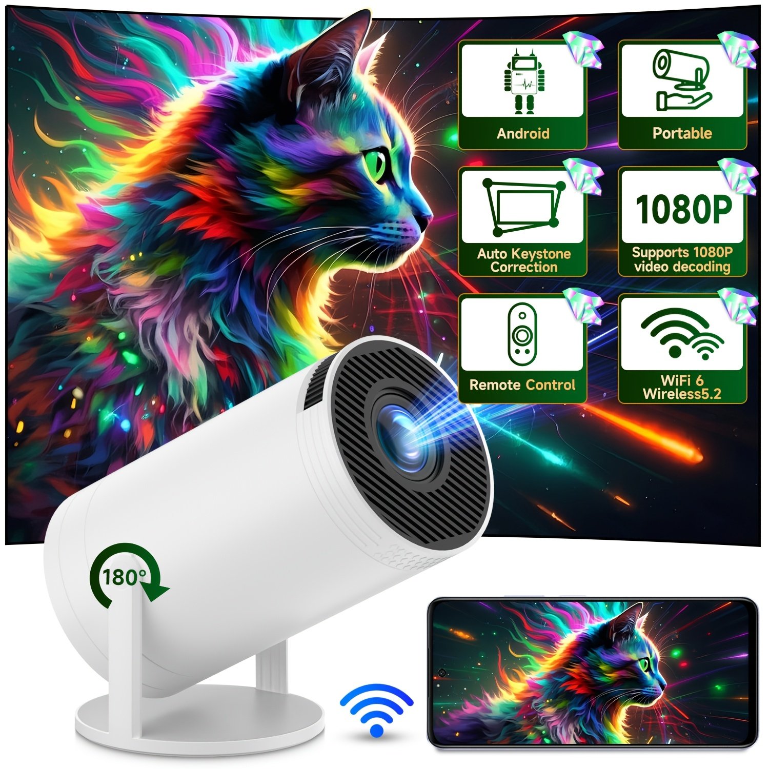 XYA Projector with WiFi6 & Wireless5.2, Portable Projector Supports 1080P video decoding Max 3.3 meter Display Zoom, 180 Rotatable Movie Video Home Theater Projector Compatible with USB/Phone/Laptop - Image 2