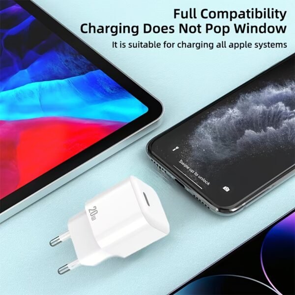 TIENSUN 20W PD Fast Charging USB-C Wall Adapter, European Standard Plug - Sleek White Travel Power Supply for iPhone 15 & for iPad, Quick Charge with Type-C Connector - Image 6