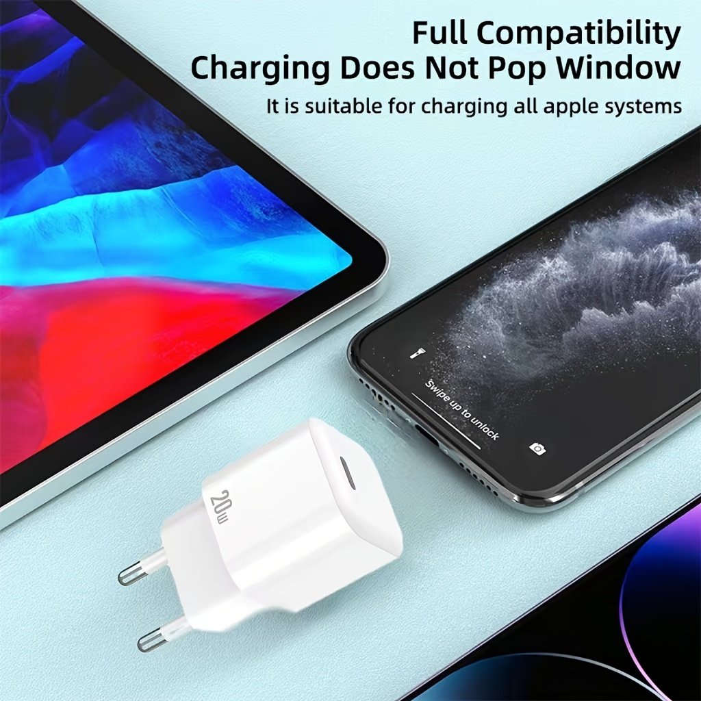 TIENSUN 20W PD Fast Charging USB-C Wall Adapter, European Standard Plug - Sleek White Travel Power Supply for iPhone 15 & for iPad, Quick Charge with Type-C Connector - Image 6