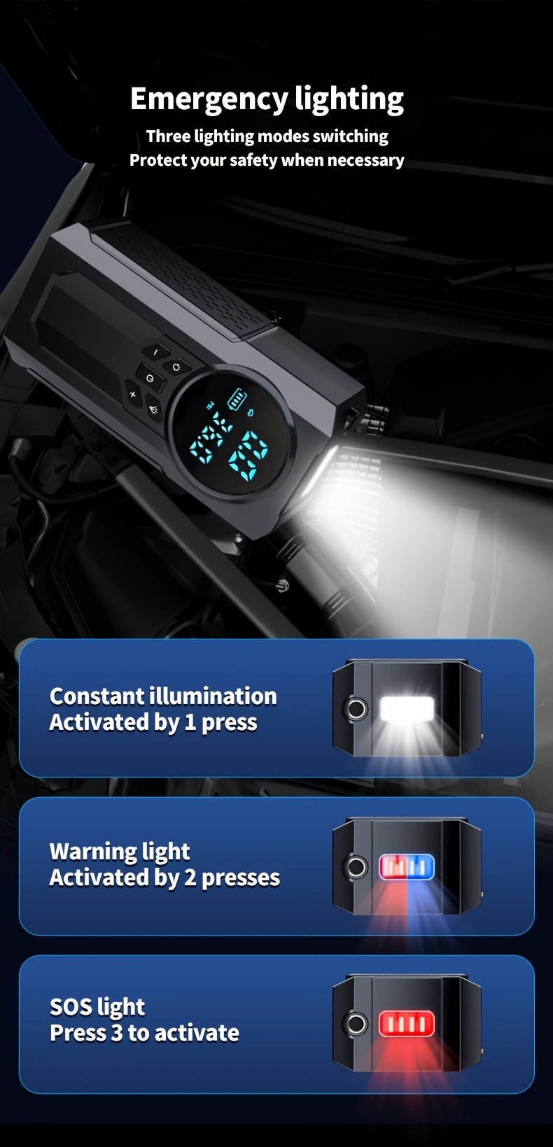 Portable Cordless Car Jump Starter & Tire Inflator - USB Rechargeable, LED Display, Flashlight Feature, Large Capacity Storage - Image 17