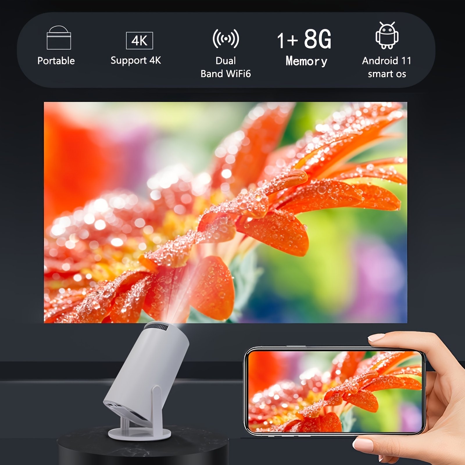 TUOGTCI Outdoor Projector for Android 11.0 200ANSI WiFi6 Dual Wifi HD 1280*720p Wireless 5.0 Support 4K Hard Decoding Play HD Video Portable Home Theater Compatible with HD/USB/Smartphone - Image 7