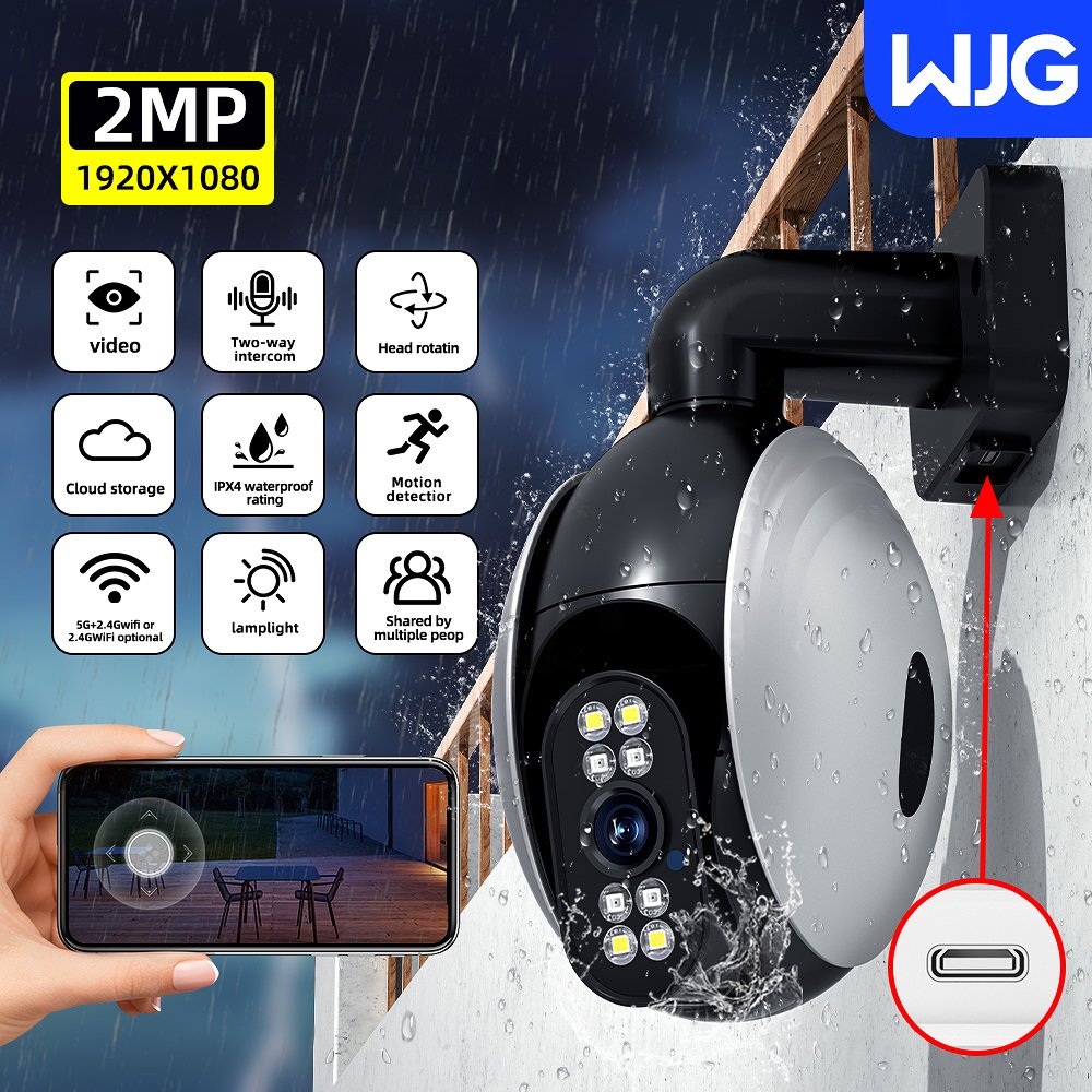 WJG 1 2-Megapixel Wireless WiFi Security Camera, IPX4 Waterproof, 355° Rotation, Color Night Vision, AI Motion Detection, Two-Way Audio, Real-Time Video Recording, Indoor/Outdoor, USB Powered, No Battery/Memory Card, Wall Hanging, LED Lights, 1080p HD Res - Image 2