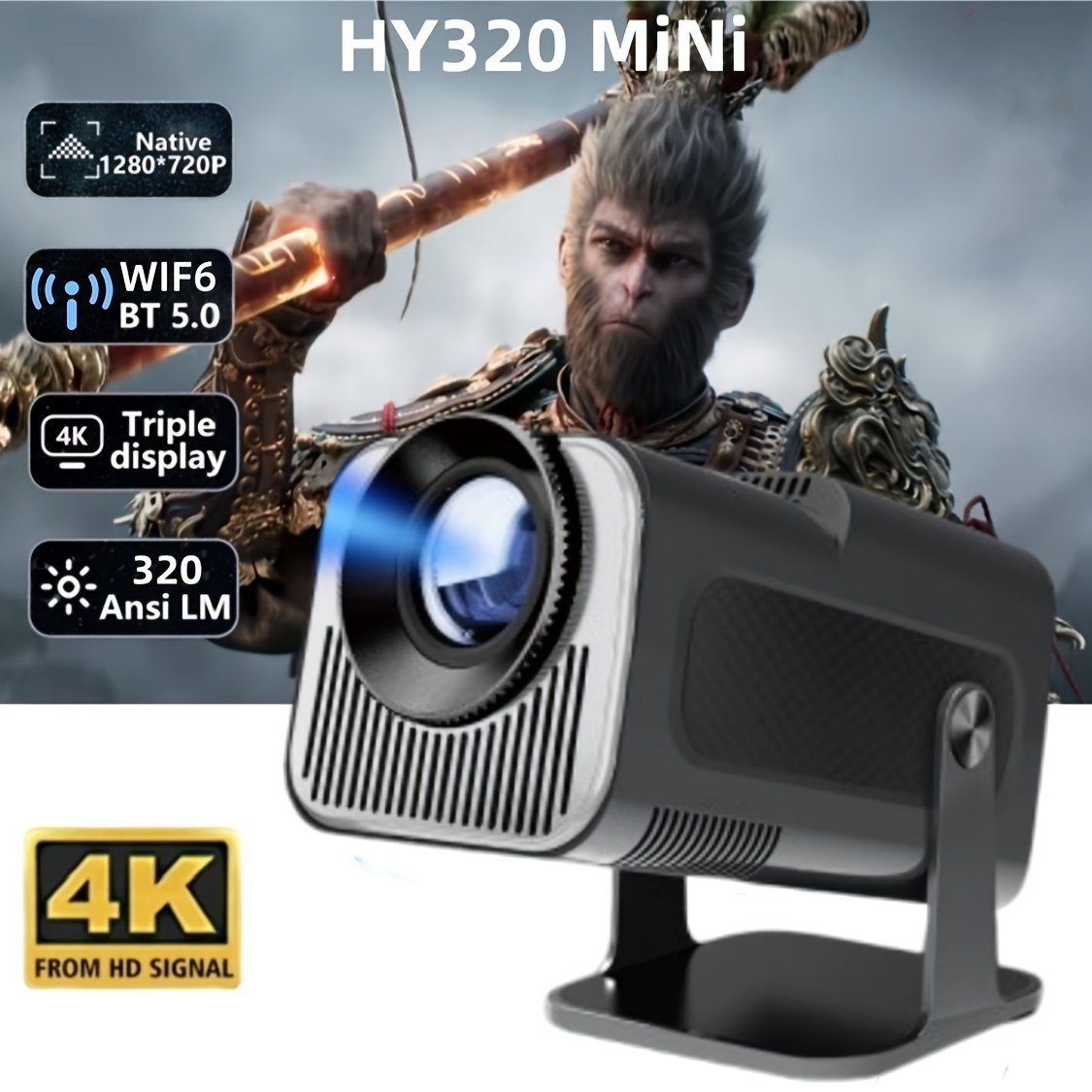 Popular HY320 Mini Projector 4K Ultra HD, Andro 11.0, Lightweight and Portable 720P 320ANSI Portable Wireless Home Cinema 180 ° Projection Multi angle Adjustment - Image 9