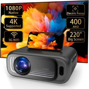 Electric Focus Native 1080P Full HD Projector, Equipped with 5G Wireless Wifi, 15,000 Lumens Brightness, 220-Inch Large Screen, Built-In Speaker, Portable Movie Projector, Suitable for Home Theater in Living Room Or Bedroom, Stylish Mirror Design, Support