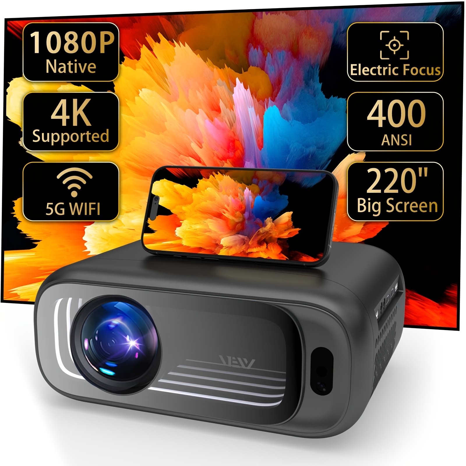 Electric Focus Native 1080P Full HD Projector, Equipped with 5G Wireless Wifi, 15,000 Lumens Brightness, 220-Inch Large Screen, Built-In Speaker, Portable Movie Projector, Suitable for Home Theater in Living Room Or Bedroom, Stylish Mirror Design, Support