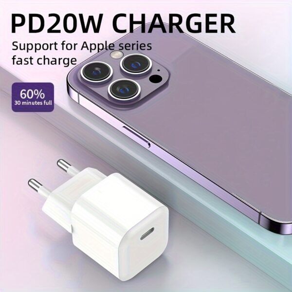 TIENSUN 20W PD Fast Charging USB-C Wall Adapter, European Standard Plug - Sleek White Travel Power Supply for iPhone 15 & for iPad, Quick Charge with Type-C Connector - Image 3