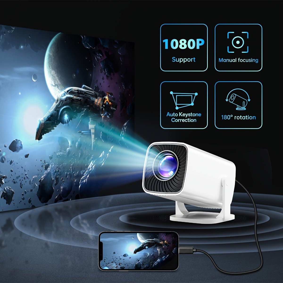 1080p Mini Projector, 180 Degree Rotation, Remote Control, Easy To Carry, Suitable For Indoor And Outdoor Viewing Anytime, Anywhere, With Long Battery Life, Meeting Various Needs, Compatible With TV/Smartphone/Computer, Making It An Ideal Gift For Family - Image 3