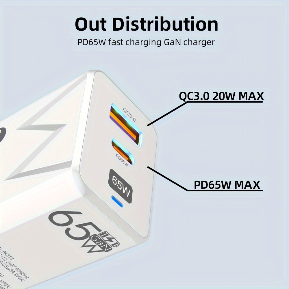 PD 65W + USB 20W GaN Charger Dual Ports USB C EU Plug Wall Charger, Type-C QC3.0 Mobile Phone Fast Charging Adapter, 2 Ports Protable Travel Charger - Image 3