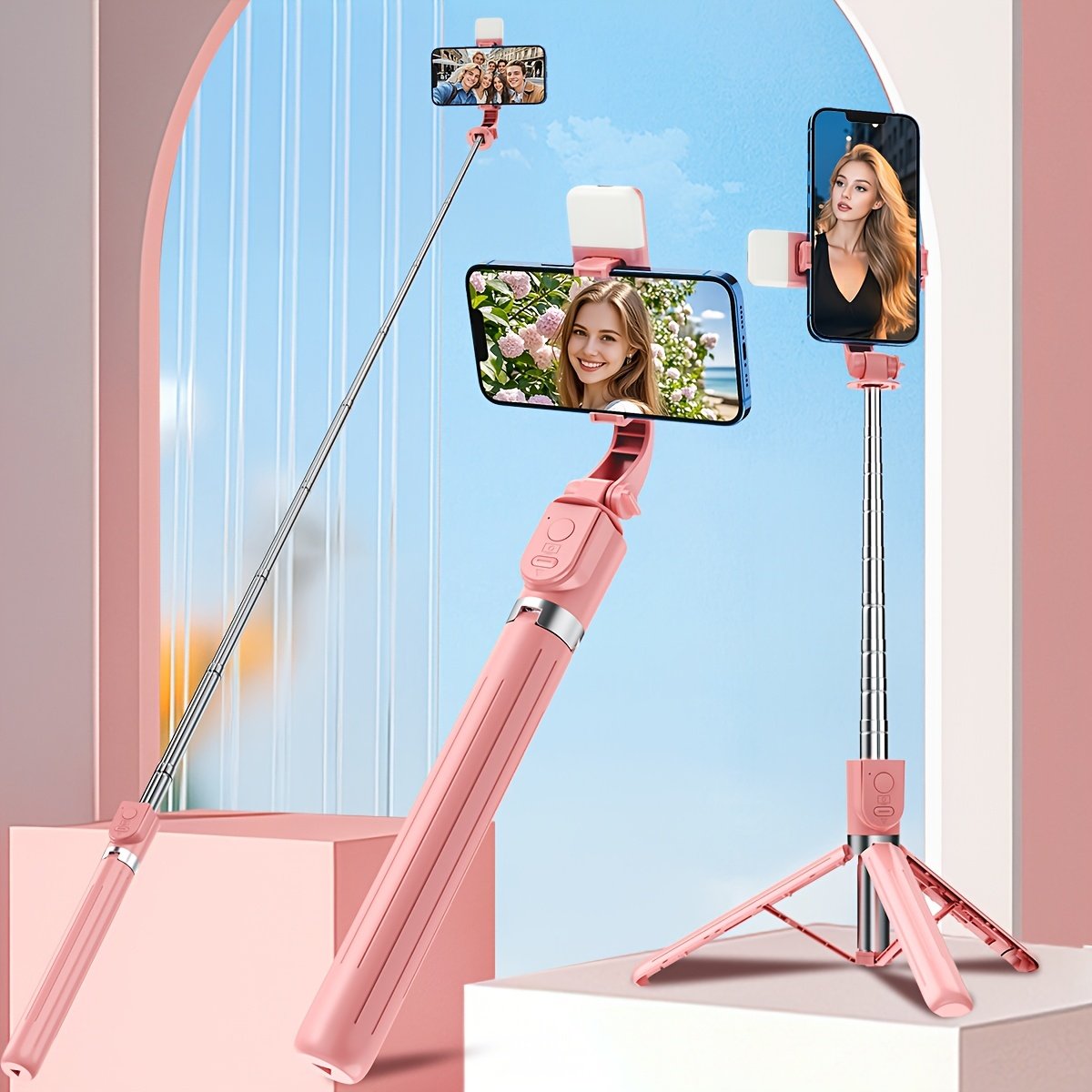 Wireless Selfie Stick Tripod, Pink Multi-Size with Beauty Light, 360° Rotating, Portable Remote Control Handheld Live Streaming Stand, Anti-Shake Gimbal Stabilizer, Battery Powered (Button Battery, ≤36V) - Image 7