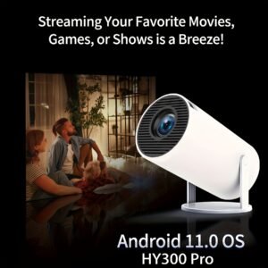 TUOGTCI HY300 Pro Portable Smart Projector, 4K Video Decoding, 720P Native, Android 11, 11200ANSI, Dual WiFi6, Wireless 5.0, 1920x1080P, Table Mount, Remote Control, LCD, 3D Ready, 220-240V, European Standard Plug, 16:9 Aspect Ratio, USB/Wireless Connecti