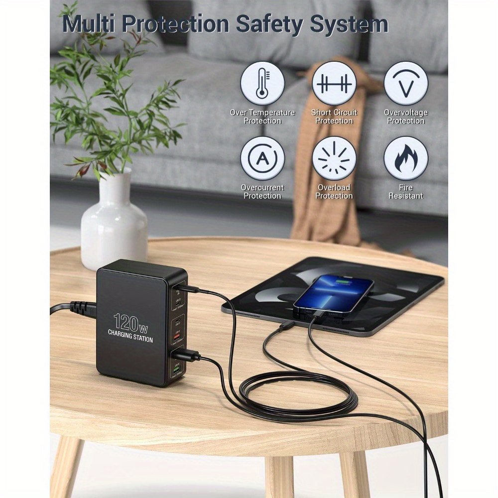 1pc FastChargePro 120W 6-Port USB Charger with 3 USB-C & 3 USB-A Ports, Multi-Device Fast Charging Station, Universal Compatibility, European Plug, 110V/220V Power Supply, for iPhone, iPad & More - Image 13
