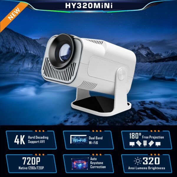 White New HY320 Mini Newly Native 720P Android 11 4K Projector 320ANSI Wifi6 Wireless 5.0 Cinema Portable 180° Rotable Projector - Image 8