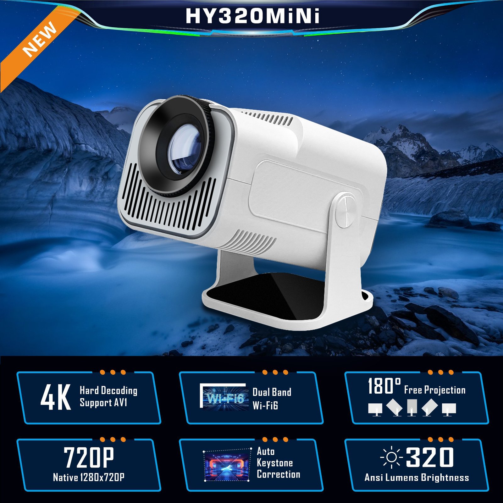 White New HY320 Mini Newly Native 720P Android 11 4K Projector 320ANSI Wifi6 Wireless 5.0 Cinema Portable 180° Rotable Projector - Image 8