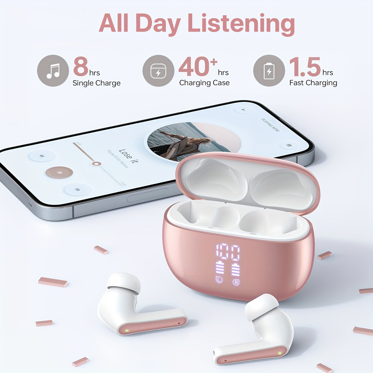 V5.3 Wireless Earbuds with Mic, 40 Hours Playtime, 380mAh LED Display Charging Case, Stereo Bass, Touch Control, Noise Cancellation, Type-C USB Charging, Non-Waterproof, for Adults, Sports & Exercise, Condenser Mic, Closed-Back Earcups, Compatible with Ce - Image 4