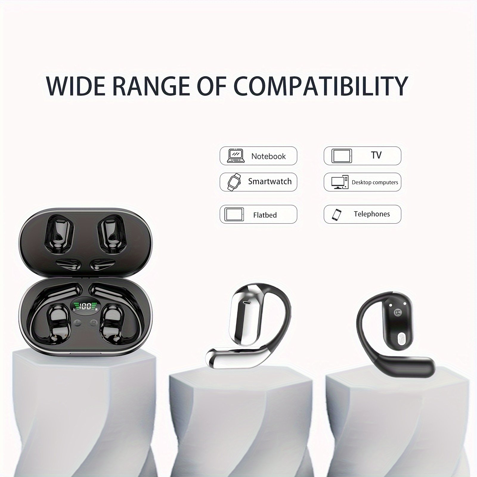 Wireless Headphones with Open Ear Design, Sport Earbuds Featuring Touch Volume Control, Built-In Microphone, And Ear Hooks. They Offer 50 Hours of Playtime And Come with an LED Display Charging Case, Ideal for Running And Fitness, Available in Black And W - Image 7