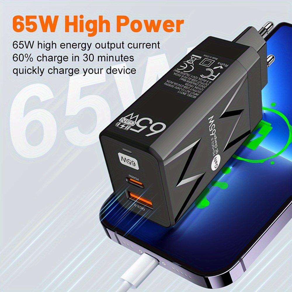 PD 65W + USB 20W GaN Charger Dual Ports USB C EU Plug Wall Charger, Type-C QC3.0 Mobile Phone Fast Charging Adapter, 2 Ports Protable Travel Charger - Image 6