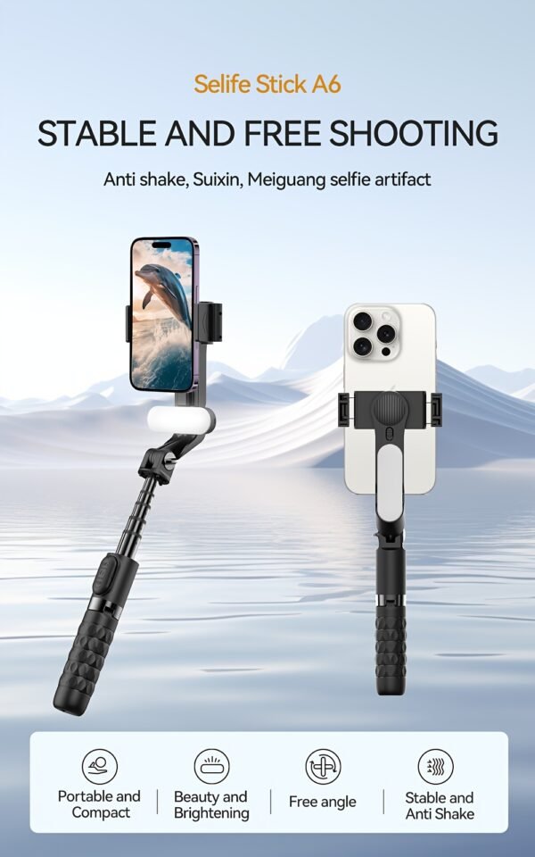 1pc Desiontal A6 1-Axis Handheld Gimbal Stabilizer with Wireless Remote, LED Beauty Light, Tripod Mount, Retractable Folding Selfie Stick for iPhone/Android - USB Charging, ≤36V, 400mAh Lithium Polymer Battery, ABS Material - Image 10