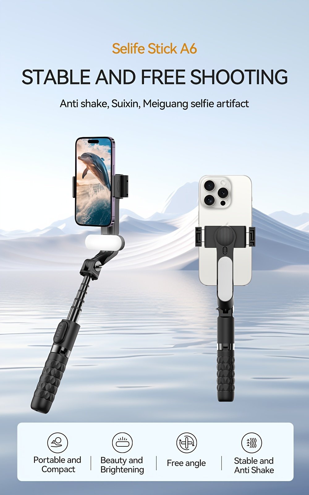 1pc Desiontal A6 1-Axis Handheld Gimbal Stabilizer with Wireless Remote, LED Beauty Light, Tripod Mount, Retractable Folding Selfie Stick for iPhone/Android - USB Charging, ≤36V, 400mAh Lithium Polymer Battery, ABS Material - Image 10
