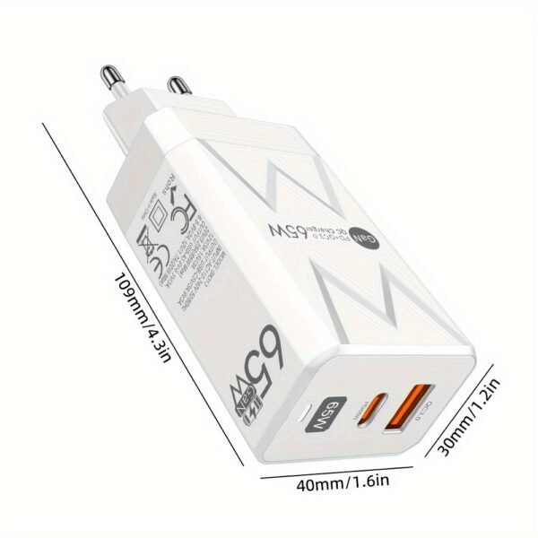 PD 65W + USB 20W GaN Charger Dual Ports USB C EU Plug Wall Charger, Type-C QC3.0 Mobile Phone Fast Charging Adapter, 2 Ports Protable Travel Charger - Image 4