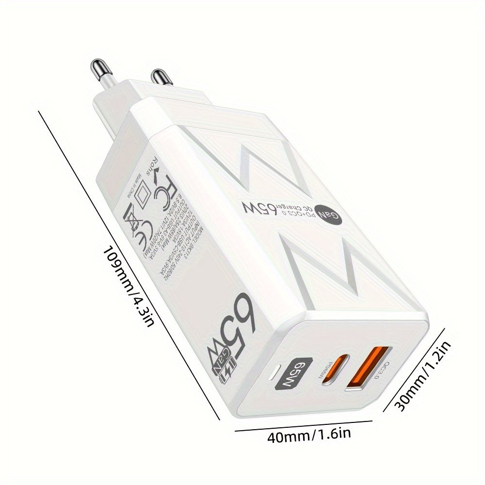 PD 65W + USB 20W GaN Charger Dual Ports USB C EU Plug Wall Charger, Type-C QC3.0 Mobile Phone Fast Charging Adapter, 2 Ports Protable Travel Charger - Image 4