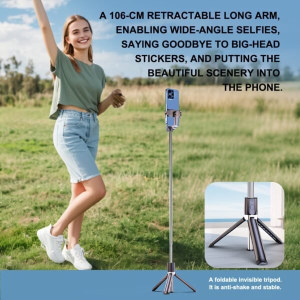YIIOJUU 1pc 104.14cm Retractable All-in-One Smartphone Selfie Stick - 360° Rotating Tripod Holder, Wireless Remote Control, Ultra-Portable Compact Design Suitable for iPhone/Samsung/Android Phones, Perfect for Travel and Content Creation - Image 4