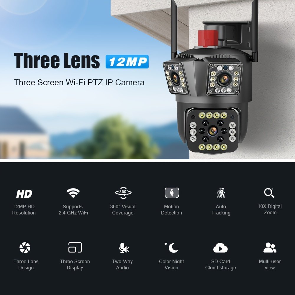 1pc 12MP Ultra HD WiFi Outdoor Camera, 3-Lens PTZ Security Monitor with 10X Zoom, 355° Rotatable Tilt, Color Night Vision, AI Motion Detection, Two-Way Audio, Wall Mount, Non-Waterproof, European Standard Plug, 110V-240V, App Control, Audio Alerts, Withou - Image 3