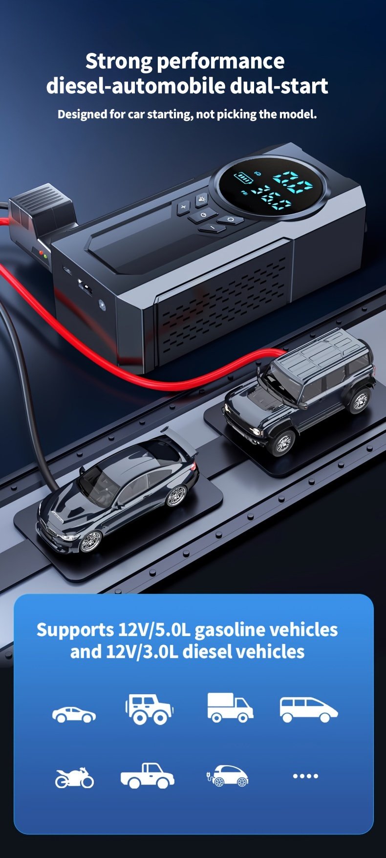 Portable Cordless Car Jump Starter & Tire Inflator - USB Rechargeable, LED Display, Flashlight Feature, Large Capacity Storage - Image 11