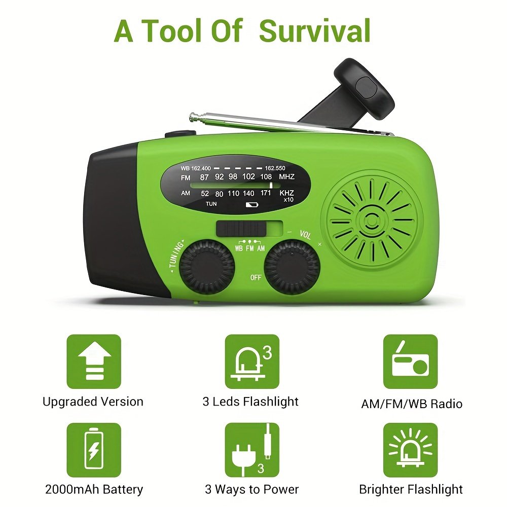 Portable Emergency Radio with Power Bank, 2000mAh Lithium Battery, AM/FM/NOAA Weather Band, Hand Crank & Solar Charging, USB Rechargeable, 3 LED Flashlight, Non-Waterproof, for Indoor Outdoor Camping - Image 10
