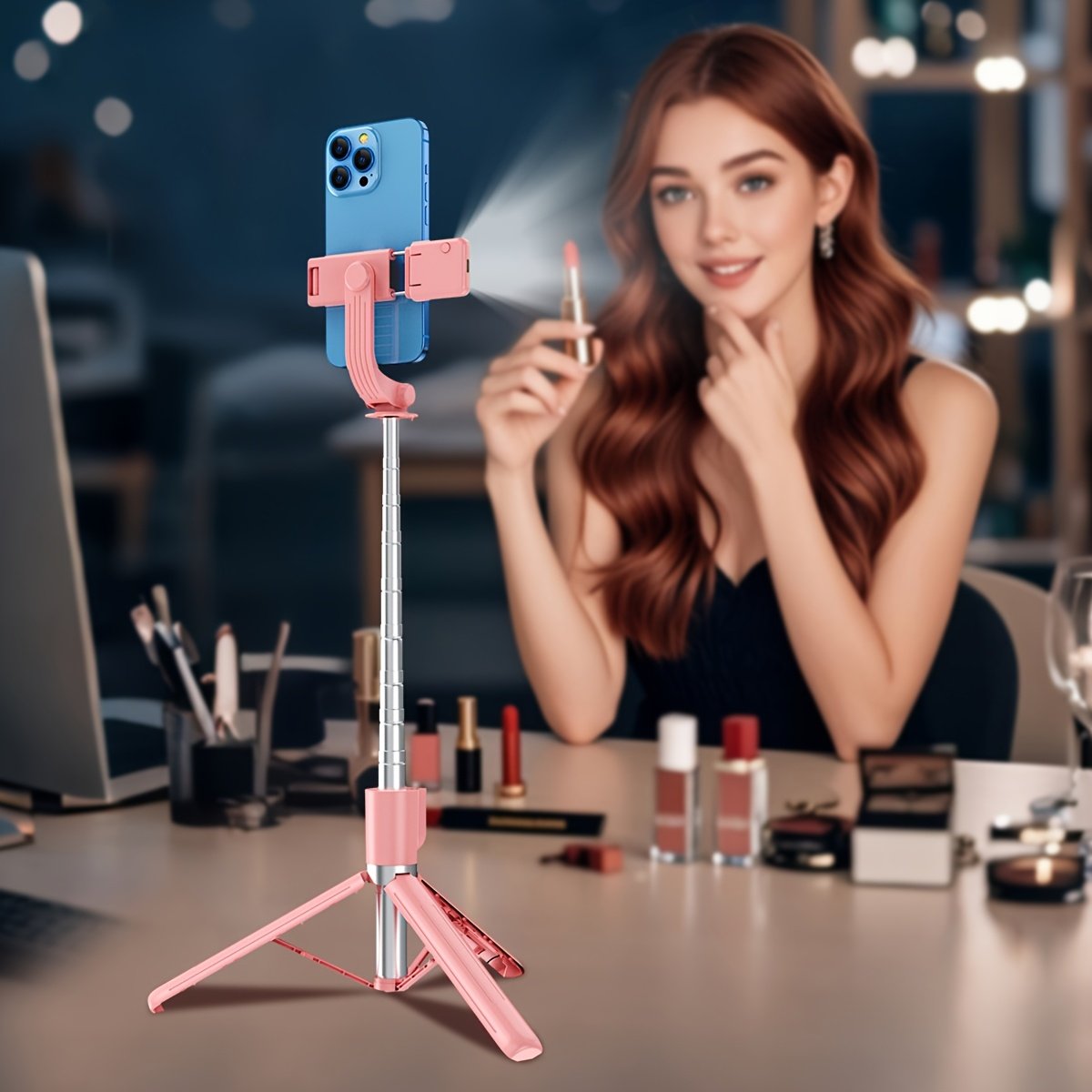 Wireless Selfie Stick Tripod, Pink Multi-Size with Beauty Light, 360° Rotating, Portable Remote Control Handheld Live Streaming Stand, Anti-Shake Gimbal Stabilizer, Battery Powered (Button Battery, ≤36V) - Image 10
