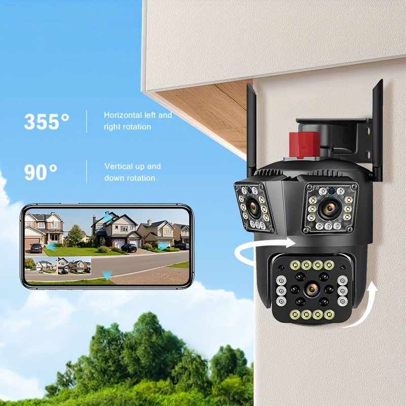 1pc 12MP Ultra HD WiFi Outdoor Camera, 3-Lens PTZ Security Monitor with 10X Zoom, 355° Rotatable Tilt, Color Night Vision, AI Motion Detection, Two-Way Audio, Wall Mount, Non-Waterproof, European Standard Plug, 110V-240V, App Control, Audio Alerts, Withou - Image 4