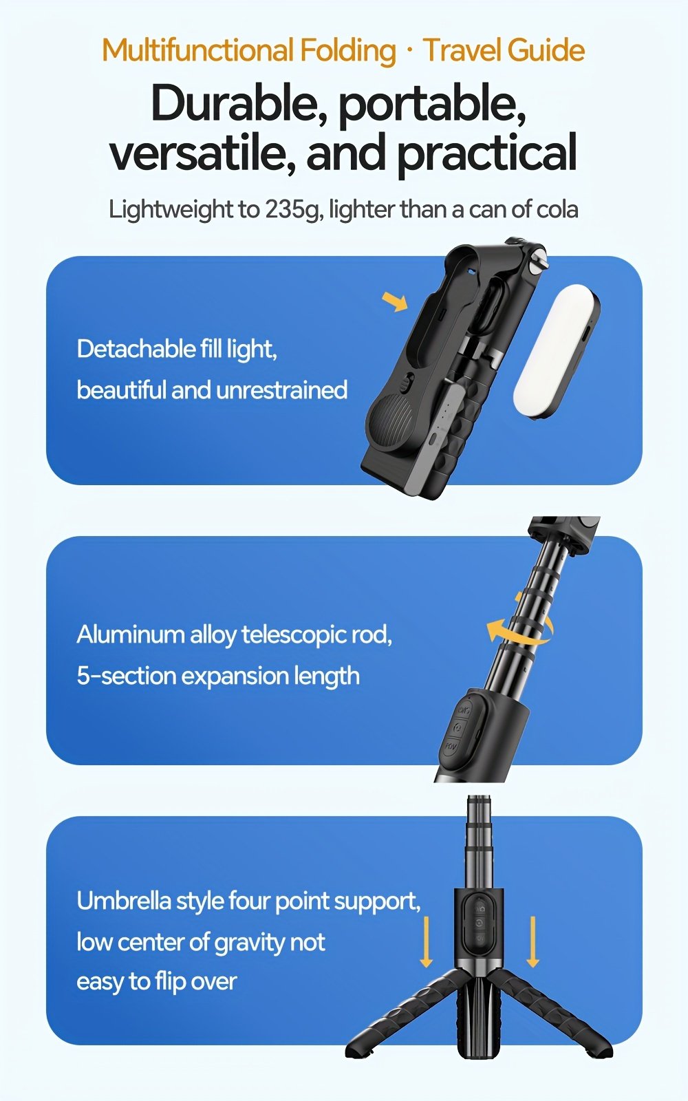 1pc Desiontal A6 1-Axis Handheld Gimbal Stabilizer with Wireless Remote, LED Beauty Light, Tripod Mount, Retractable Folding Selfie Stick for iPhone/Android - USB Charging, ≤36V, 400mAh Lithium Polymer Battery, ABS Material - Image 12