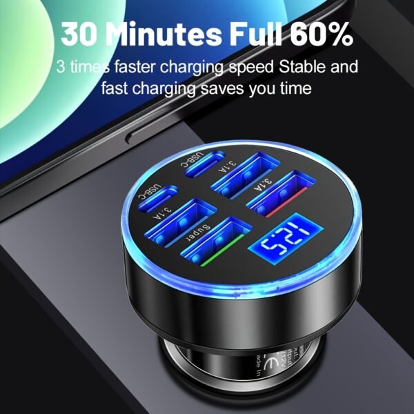 XJDR Silvery/Golden/Black Fast Charge 6 Port Car Phone Charger - QC3.0, Dual USB-C Power Adapter with LED Display for Vehicles - Image 3