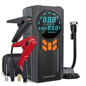 1pc 5-in-1 Portable Car Jump Starter with Air Compressor, 150PSI Digital Tire Inflator, Battery Charger for 9.99 L Gas or 9.01 L Diesel, USB Rechargeable Lithium Battery, 8000mAh, 12V 1000A Peak Power