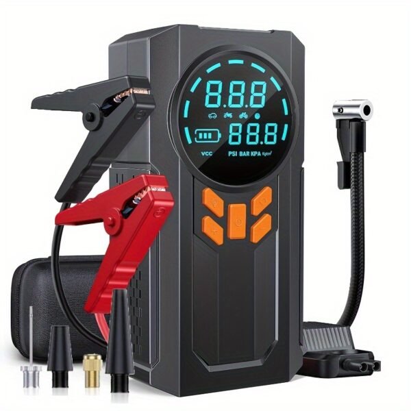 1pc 5-in-1 Portable Car Jump Starter with Air Compressor, 150PSI Digital Tire Inflator, Battery Charger for 9.99 L Gas or 9.01 L Diesel, USB Rechargeable Lithium Battery, 8000mAh, 12V 1000A Peak Power