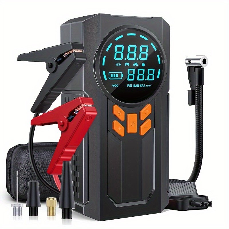 1pc 5-in-1 Portable Car Jump Starter with Air Compressor, 150PSI Digital Tire Inflator, Battery Charger for 9.99 L Gas or 9.01 L Diesel, USB Rechargeable Lithium Battery, 8000mAh, 12V 1000A Peak Power