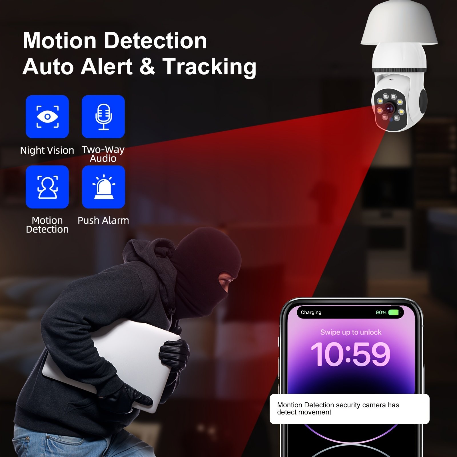 WJG 5G WiFi Smart Light Bulb Camera - E27 Fit, 360° Rotation, Auto-Tracking, Panoramic View, Wireless PTZ, Infrared Night Vision, Motion Detection, Two-Way Audio, Easy Setup - Image 9