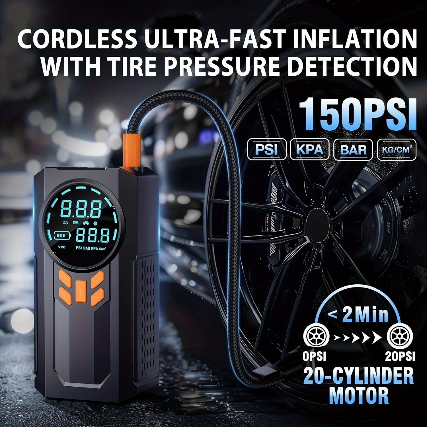 1pc 5-in-1 Portable Car Jump Starter with Air Compressor, 150PSI Digital Tire Inflator, Battery Charger for 9.99 L Gas or 9.01 L Diesel, USB Rechargeable Lithium Battery, 8000mAh, 12V 1000A Peak Power - Image 4