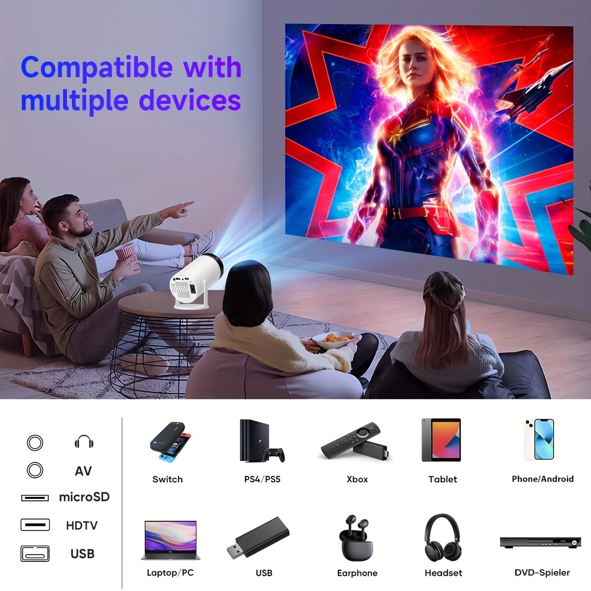 XYA Ultra HD Projector 4K/1080P, 3.3meter Wireless Portable Mini Projector with Remote, Table Mount, LCD, 16:9 Aspect Ratio, 220-240V, Smartphone/Tablet Connectivity, Wi-Fi BT5.2, European Standard Plug, for Home Theater - Image 8