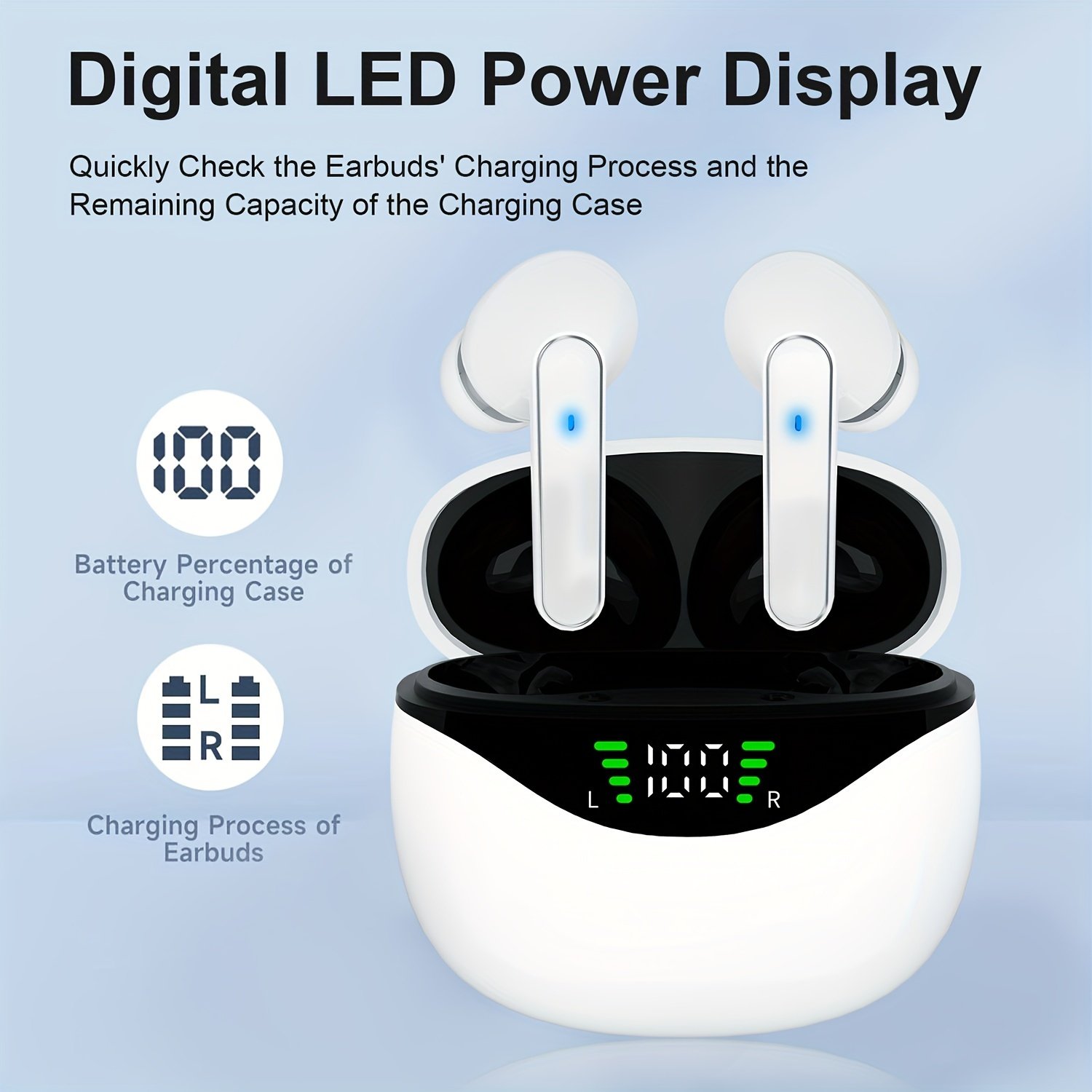 1 Pair LIFEBEE True Wireless Earbuds with Digital LED Power Display, TWS In-Ear Headphones with ENC Noise Cancelling, Built-in Condenser Mic, Sports Exercise Earphones with Deep Bass, Type-C Rechargeable Case, 300mAh Lithium Polymer Battery, Wireless Open - Image 3